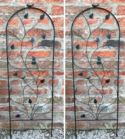 Set Of 2 X Bird And Leaf Design Black Metal Garden Trellis -Garden Planting Supplies Store bird and leaf trellis