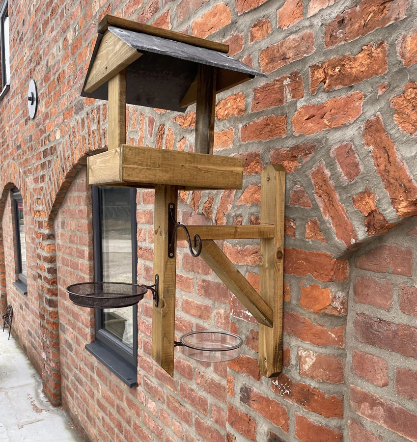 Wooden Bird Table Slate Roof Wall Mounted Feeding Station 4 Wooden Bird Table Slate Roof Wall Mounted Feeding Station - Image 2