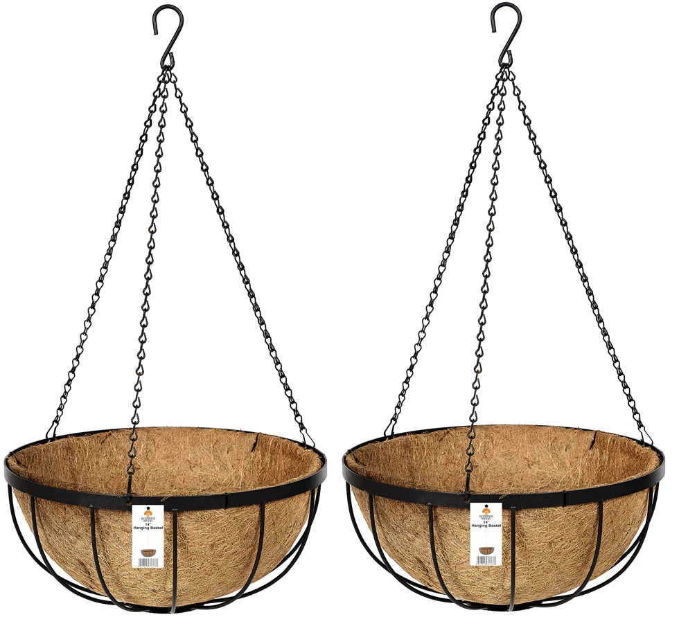 Set Of 2 X 14" (35cm) Metal Hanging Baskets With Chains & Coco Liners.