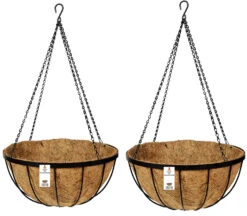 Set Of 2 X 16" Metal Hanging Baskets With Chains & Coco Liners.